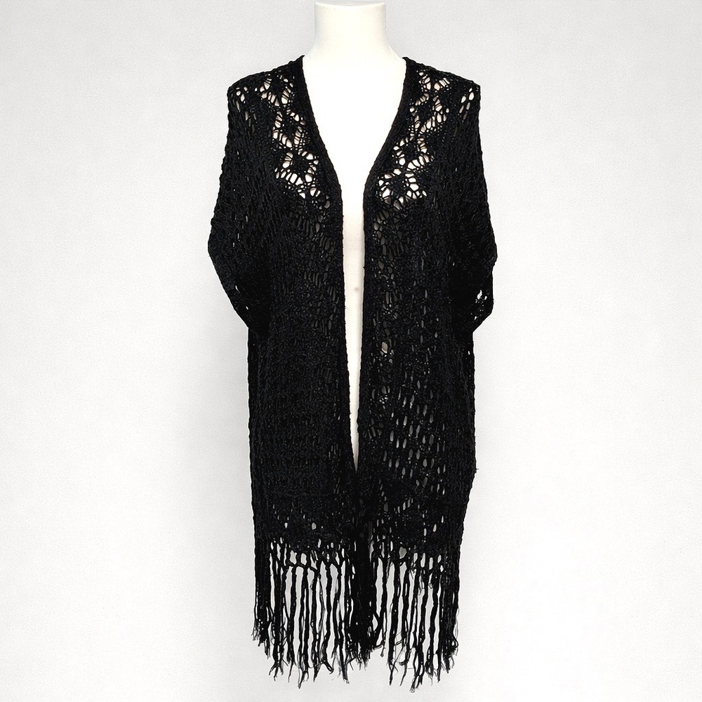 Bohemian Crochet Knit Duster Black Fringe Open Front Cardigan Wrap Size Large